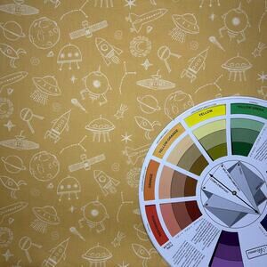 Hi Fashion Moon Drawing Space Icons on Yellow Cotton Nursery Fabric - 1 Yard